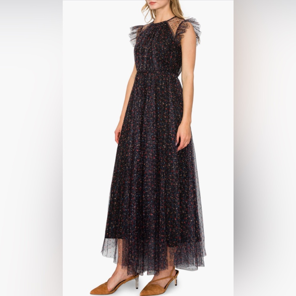 MELLODAY Flutter Sleeve Mesh Maxi Dress In Black Dot Floral New - Picture 3 of 13